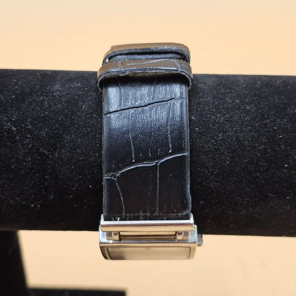 Silver Tone Ladies Rectangular Quartz Watch Adjustable Black Strap New Battery